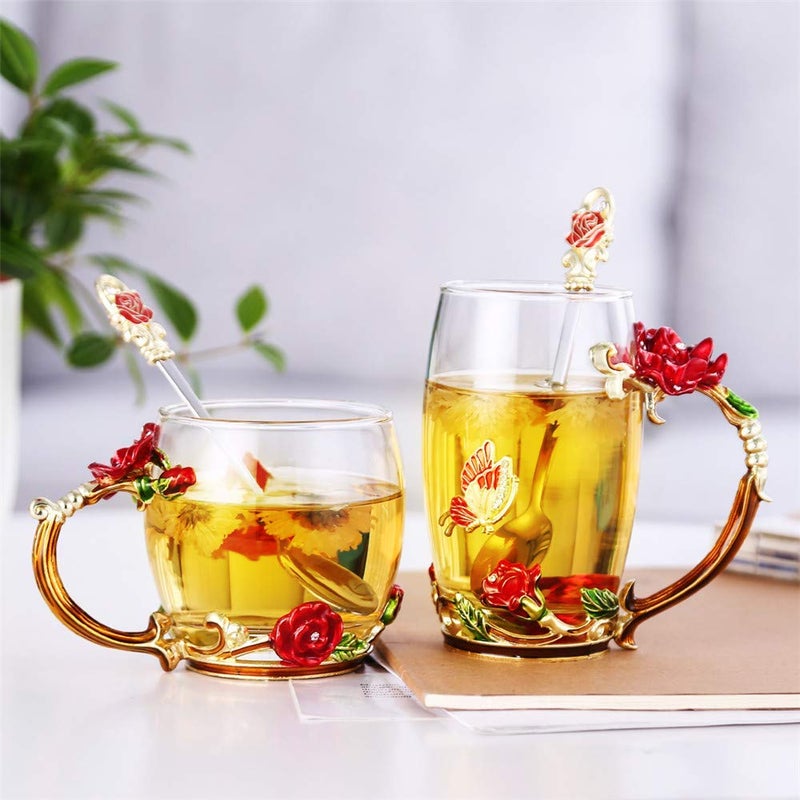 Luka Tech Enamel Butterfly flower Lead-free Glass Coffee Mugs Tea Cup with Steel Spoon, personalised Gifts For Women Wife Mom Girl Teacher Friends Birthday Mothers Valentines Day Wedding (Rose) - Image 3